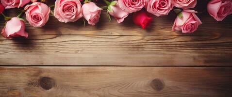 ai generiert Valentinsgrüße Tag rot Rosen auf Holz Hintergrund foto