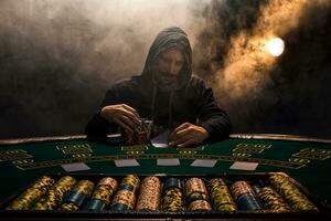 Porträt von ein Fachmann Poker Spieler Sitzung beim Schürhaken Tabelle foto