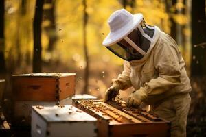 ai generiert Imker im schützend passen halten Bienen im bienenartig, Imker Arbeiten mit Ihre Bienen zu leisten Süss Honig, ai generiert foto