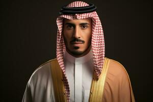 ai generiert Porträt von arabisch Geschäftsmann tragen traditionell Kleider im dunkel Studio, arabisch Mitte östlichen Saudi Mann im traditionell formal thobe und Shemagh, ai generiert foto