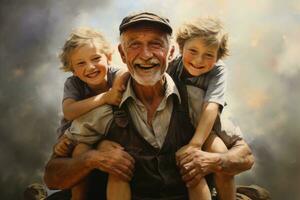 ai generiert glücklich Großvater und Enkelkinder im das Park, lächelnd, ein Alten Mann und seine Enkelkinder sind glücklich zusammen, ai generiert foto