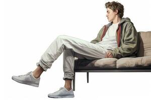 ai generiert Teenager Junge Sitzung auf Sofa gegen Weiß Hintergrund mit Vignette, ein jung Mann tun Bein dehnen, oben Sektion abgeschnitten, Seite Sicht, Gesichter nicht enthüllt, mit Nein Verformung, ai generiert foto