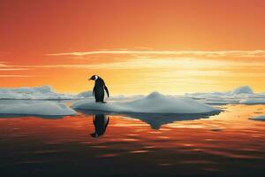 ai generiert Pinguin auf das Eis Scholle beim Sonnenuntergang. 3d machen, ein einsam Pinguin auf ein schmelzen Eis Scholle Darstellen Klima Veränderung und global Erwärmen, ai generiert foto