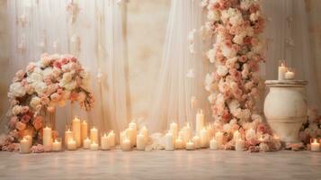 ai generiert ein verträumt Hochzeit Hintergrund, Rosen, Kerzenlicht, und Raum zum dauerhaft Verpflichtungen foto