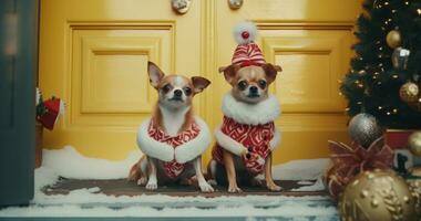 ai generiert zwei Chihuahua Hunde im Santa Hüte Sitzung auf Vorderseite Tür foto