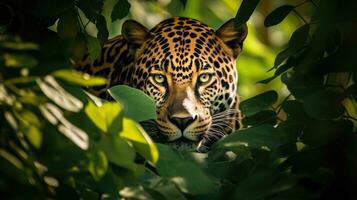 ai generiert ein schön und schwer fassbar Jaguar Gleichaltrigen aus von hinter ein Baum foto