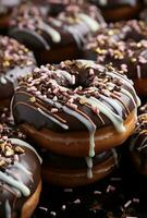 ai generiert Donuts bedeckt im glasiert, geschmolzen Schokolade mit Schokolade Sträusel und Nieselregen foto