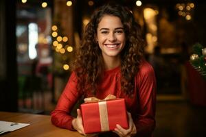 ai generiert lächelnd jung Frauen mit rot Geschenk Box mit Lächeln auf ihr Gesicht foto