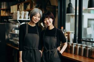 ai generiert zwei Frauen Stehen im Vorderseite von ein Cafe foto