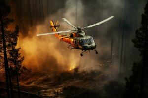 ai generiert Hubschrauber erlischt ein Feuer im das Wald. Aussicht von über. Hubschrauber überwindet Wald Inferno. mutig Feuerwehrleute halt natürlich Katastrophe und speichern Natur. foto