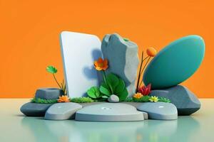 ai generiert 3d Anzeige Podium Stein mit Blumen, Grün Blätter, und Felsen zum Präsentation von das Produkt. Profi Foto