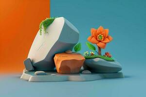 ai generiert 3d Anzeige Podium Stein mit Blumen, Grün Blätter, und Felsen zum Präsentation von das Produkt. Profi Foto