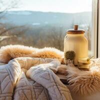 ai generiert ein flauschige Decke und ein heiß Wasser Flasche mit ein Winter Landschaft im das Hintergrund foto