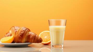 ai generiert ein Glas von Orange Saft begleitet durch ein Croissant mit Butter und Marmelade foto