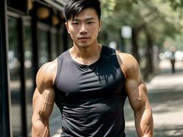 ai generiert sexy muskulös asiatisch Kerl mit schwarz Panzer oben suchen beim Kamera Illustration foto