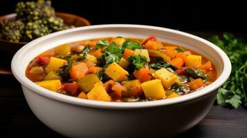 ai generiert ein herzhaft und gesund Gemüse Suppe mit Brocken von bunt Gemüse und Zweig von frisch Kräuter auf oben foto