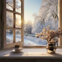 ai generiert ein schneebedeckt Landschaft ist sichtbar durch ein Fenster, mit ein warm und einladend Innere sichtbar im das Vordergrund foto