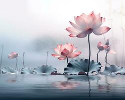 ai generiert Rosa Lotus Blume schwebend auf Wasser auf das Blau Hintergrund foto