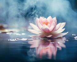 ai generiert Rosa Lotus Blume schwebend auf Wasser auf das Blau Hintergrund foto