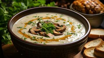 ai generiert ein Reich Pilz Suppe mit erdig Shiitake Pilze und ein Strudel von Sahne zum hinzugefügt Dekadenz foto