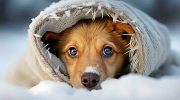 ai generiert Haustier Hund späht aus von unter ein gemütlich stricken Decke, mit ein schneebedeckt Landschaft sichtbar im das Hintergrund foto