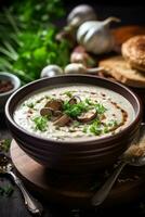 ai generiert ein Reich Pilz Suppe mit erdig Shiitake Pilze und ein Strudel von Sahne zum hinzugefügt Dekadenz foto