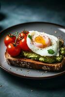 ai generiert zwei Scheiben von ganze Weizen Toast mit Avocado Ausbreitung, geschnitten Tomaten, und ein pochiert Ei. foto