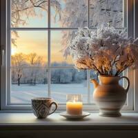 ai generiert ein schneebedeckt Landschaft ist sichtbar durch ein Fenster, mit ein warm und einladend Innere sichtbar im das Vordergrund foto