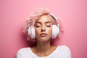 ai generiert Mädchen Hören Musik- im Kopfhörer foto
