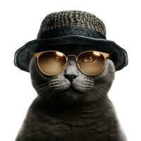 ai generiert komisch schwarz Katze mit Sonnenbrille und Deckel isoliert auf Weiß Hintergrund. foto