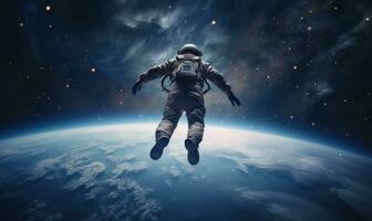 ai generiert diese Bild zeigt an ein Mann im Raum fliegend gegen das Erde foto