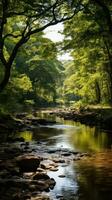 ai generiert still Fluss fließend durch das üppig Wald, mit ein Vielfalt von Tiere sichtbar. foto