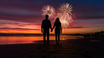 ai generiert Silhouette von ein Paar Gehen Hand im Hand auf das Strand mit Feuerwerk Beleuchtung oben das Nacht Himmel foto