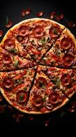 ai generiert Pizza Scheiben vereinbart worden im ein Spiral- Muster, betonen das symmetrisch Schönheit von das Pizza foto