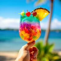 ai generiert Hand halten ein bunt Cocktail Glas mit ein tropisch Strand Hintergrund foto