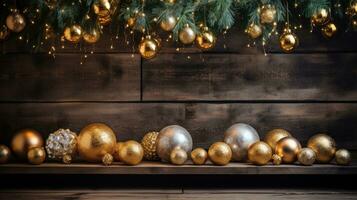 ai generiert ein warm und einladend Weihnachten Konfiguration mit golden Ornamente, Grün, und ein rustikal Holz Hintergrund foto