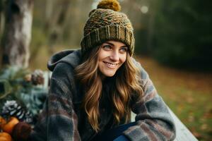 ai generiert ein Frau Sitzung auf ein hölzern Bank im ein Park, Stricken ein warm Hut und tragen ein gemütlich Sweatshirt foto