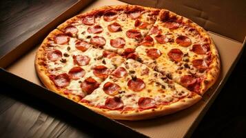 ai generiert ein Pizza Box gefüllt mit Rohrleitungen heiß Pizza, bereit zu Sein genossen beim ein Party oder Versammlung foto