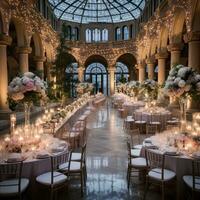 ai generiert Hochzeit Rezeption einstellen oben im ein großartig Ballsaal mit elegant Dekor. foto