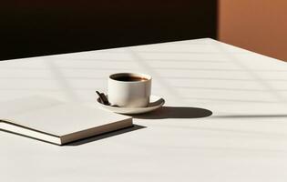 ai generiert ein Tasse von Kaffee sitzt Nächster zu ein Buch voll von Seiten foto