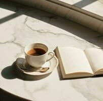 ai generiert ein Tasse von Kaffee sitzt Nächster zu ein Buch voll von Seiten foto