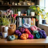 ai generiert ein Strickerin Arbeitsplatz mit ein Vielfalt von bunt Garne und Stricken Nadeln auf ein hölzern Schreibtisch. foto