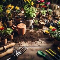 ai generiert Gruppe von Garten Werkzeuge Lügen auf ein Tabelle umgeben durch Töpfe und Pflanzen foto