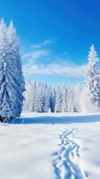 ai generiert Panorama- Aussicht von ein schneebedeckt Landschaft mit schneebedeckt Bäume und ein hell Blau Himmel, foto