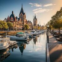 ai generiert direkt am Wasser Stadtbild, mit ein mischen von modern und historisch Gebäude foto