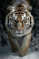 ai generiert ein sibirisch Tiger im ein schneebedeckt Landschaft foto