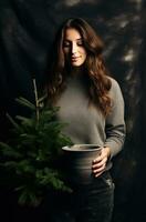 ai generiert ein Frau ist halten ein Topf mit ein Weihnachten Baum foto