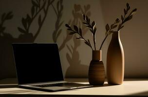 ai generiert Schreibtisch mit Laptop, Vase und Lampe auf Weiß Tabelle foto