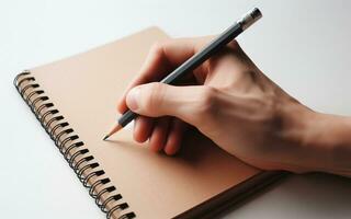 ai generiert leer Notizbuch das Hand halten das Bleistift ist Über zu Start Schreiben im ein Notizbuch nehmen Anmerkungen Zeichnung mit ein Bleistift foto