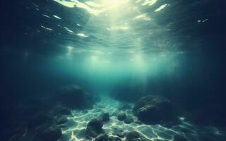 ai generiert unter Wasser Sand Fußboden Licht scheint unter Wasser klar Wasser leeren Meeresboden das Sand Oberfläche ist im das gestalten von Wellen unter das Meer foto